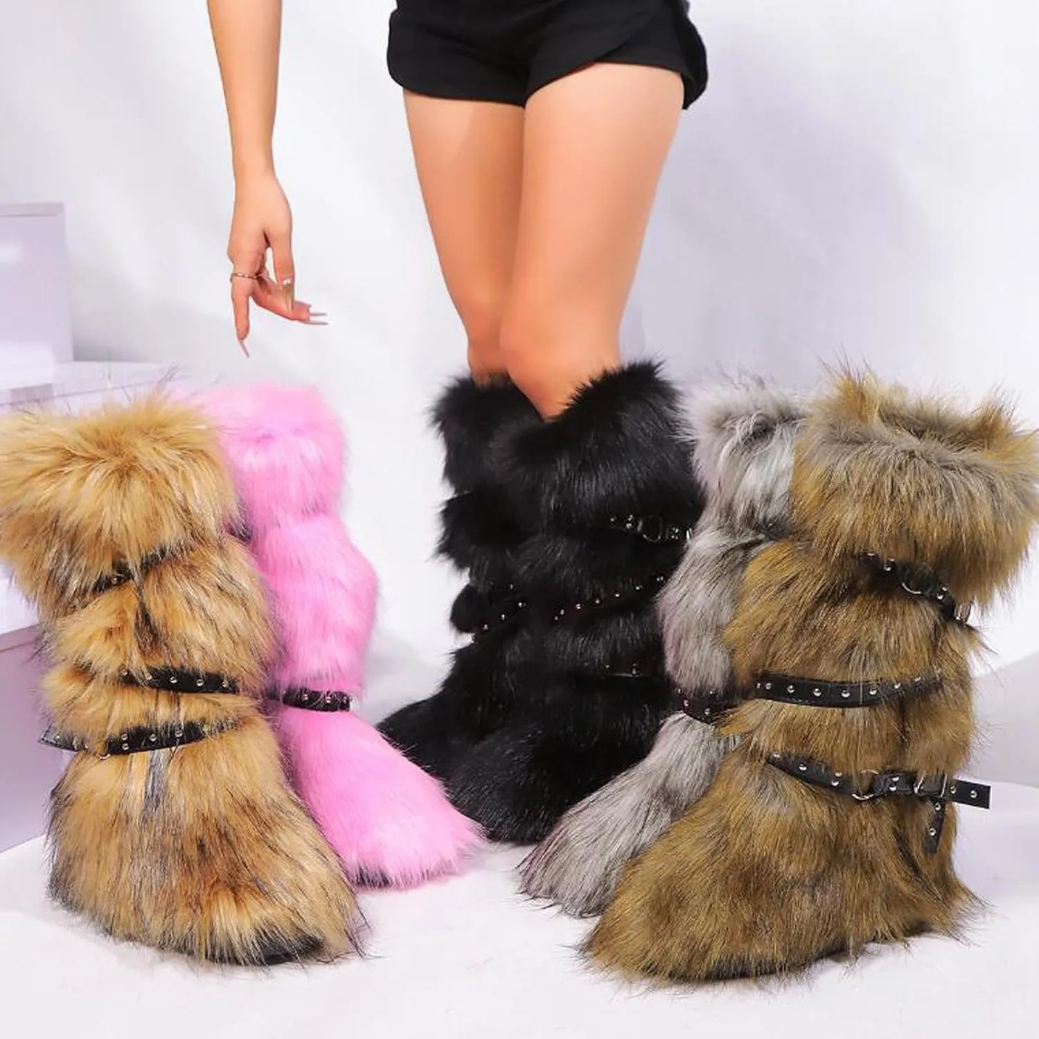 Valpeak Womens Faux Fur Boot Winter Fluffy Long Furry Boots for Girls Outdoor Fuzzy Knee-High Boots