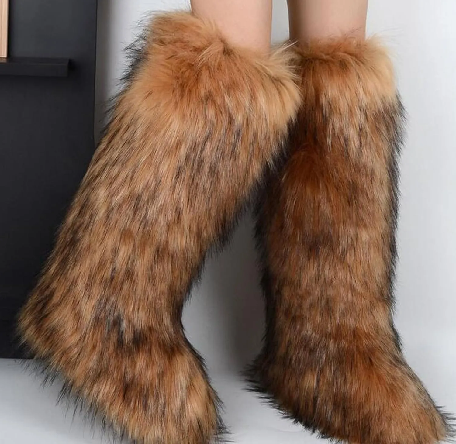 Valpeak Womens Faux Fur Boot Winter Fluffy Long Furry Boots for Girls Outdoor Fuzzy Knee-High Boots