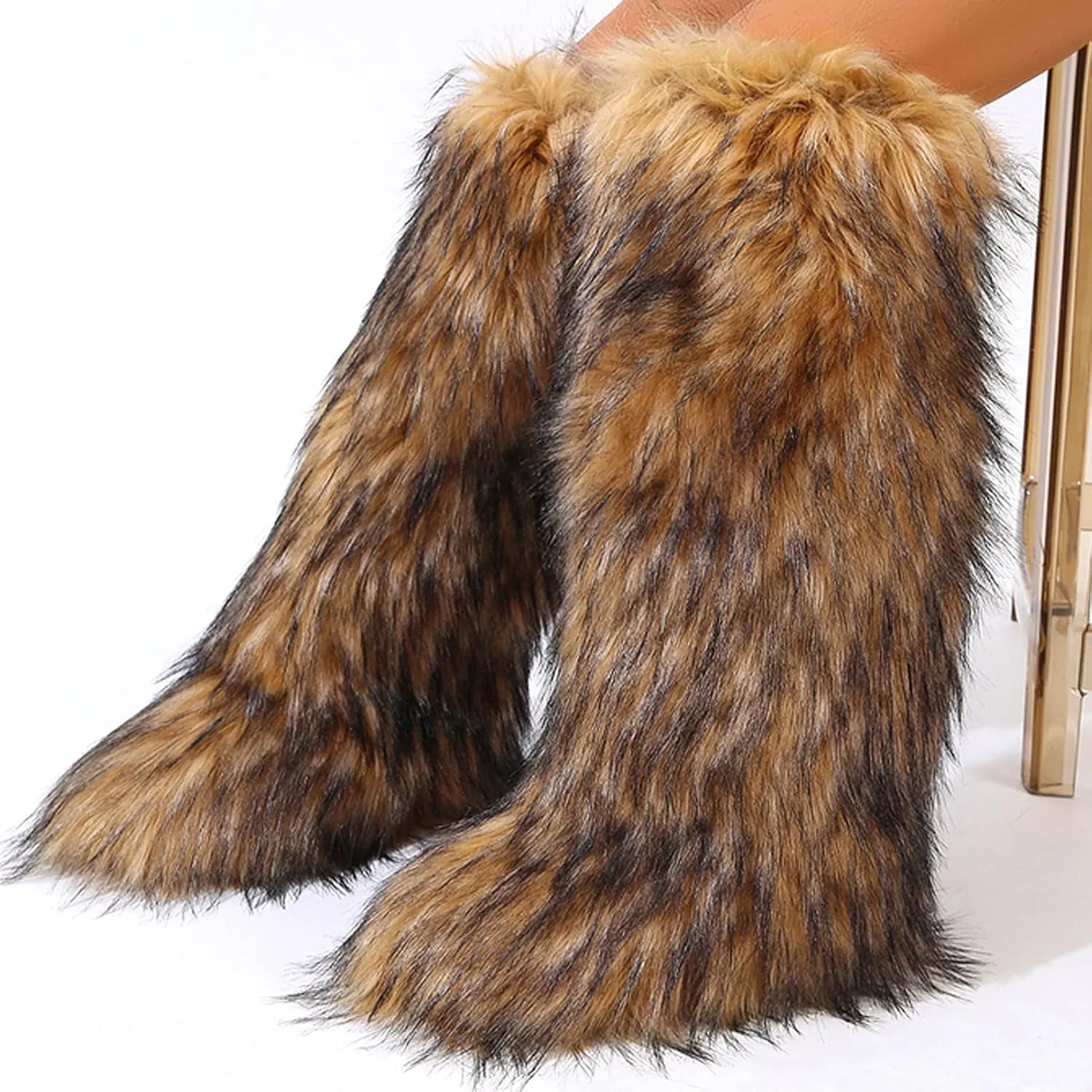 Valpeak Womens Faux Fur Boot Winter Fluffy Long Furry Boots for Girls Outdoor Fuzzy Knee-High Boots