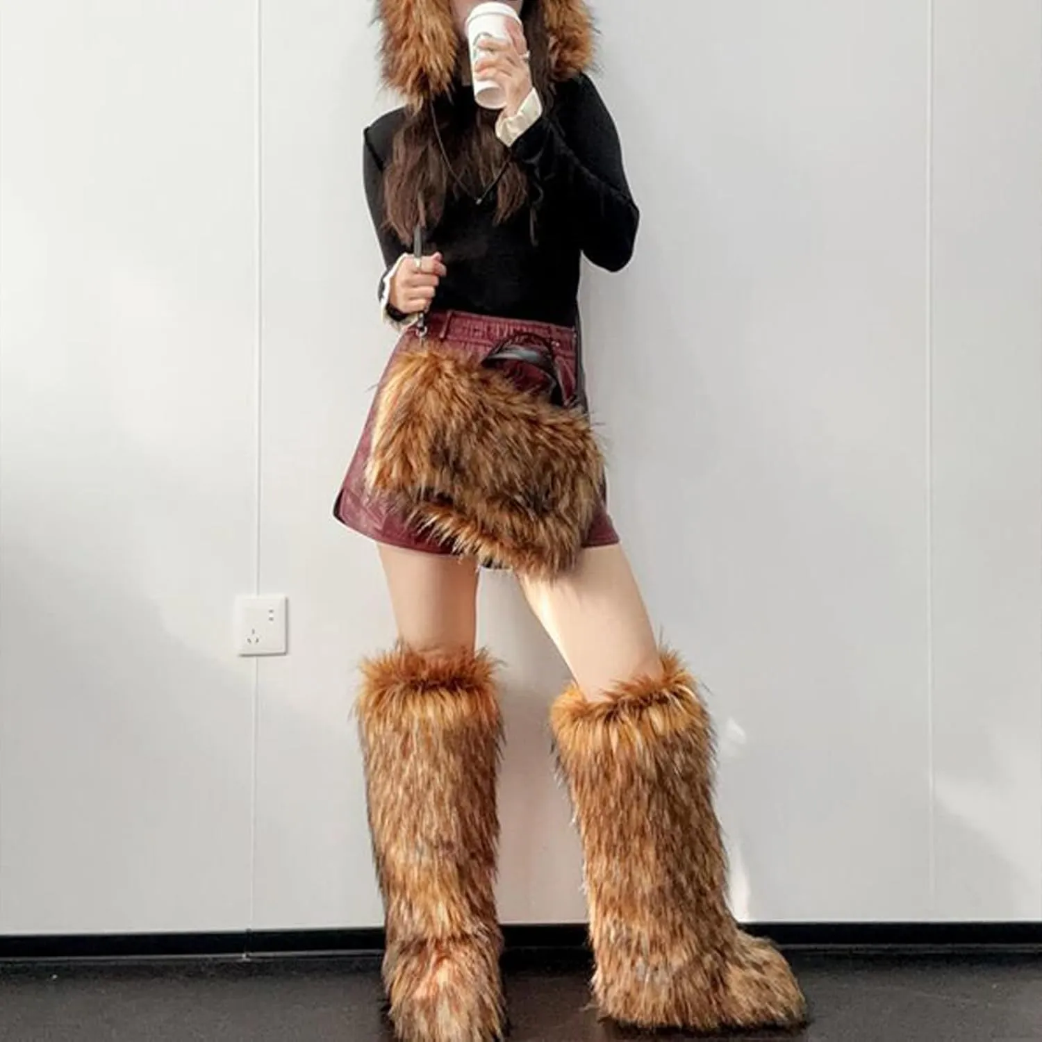 Valpeak Womens Faux Fur Boot Winter Fluffy Long Furry Boots for Girls Outdoor Fuzzy Knee-High Boots