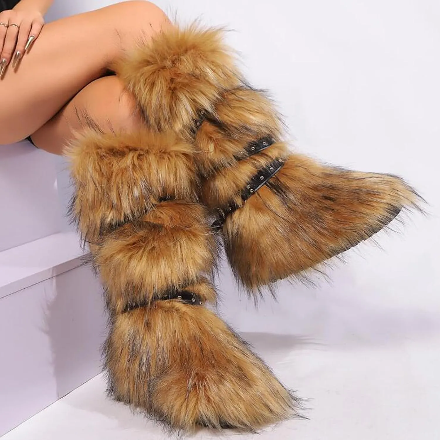 Valpeak Womens Faux Fur Boot Winter Fluffy Long Furry Boots for Girls Outdoor Fuzzy Knee-High Boots
