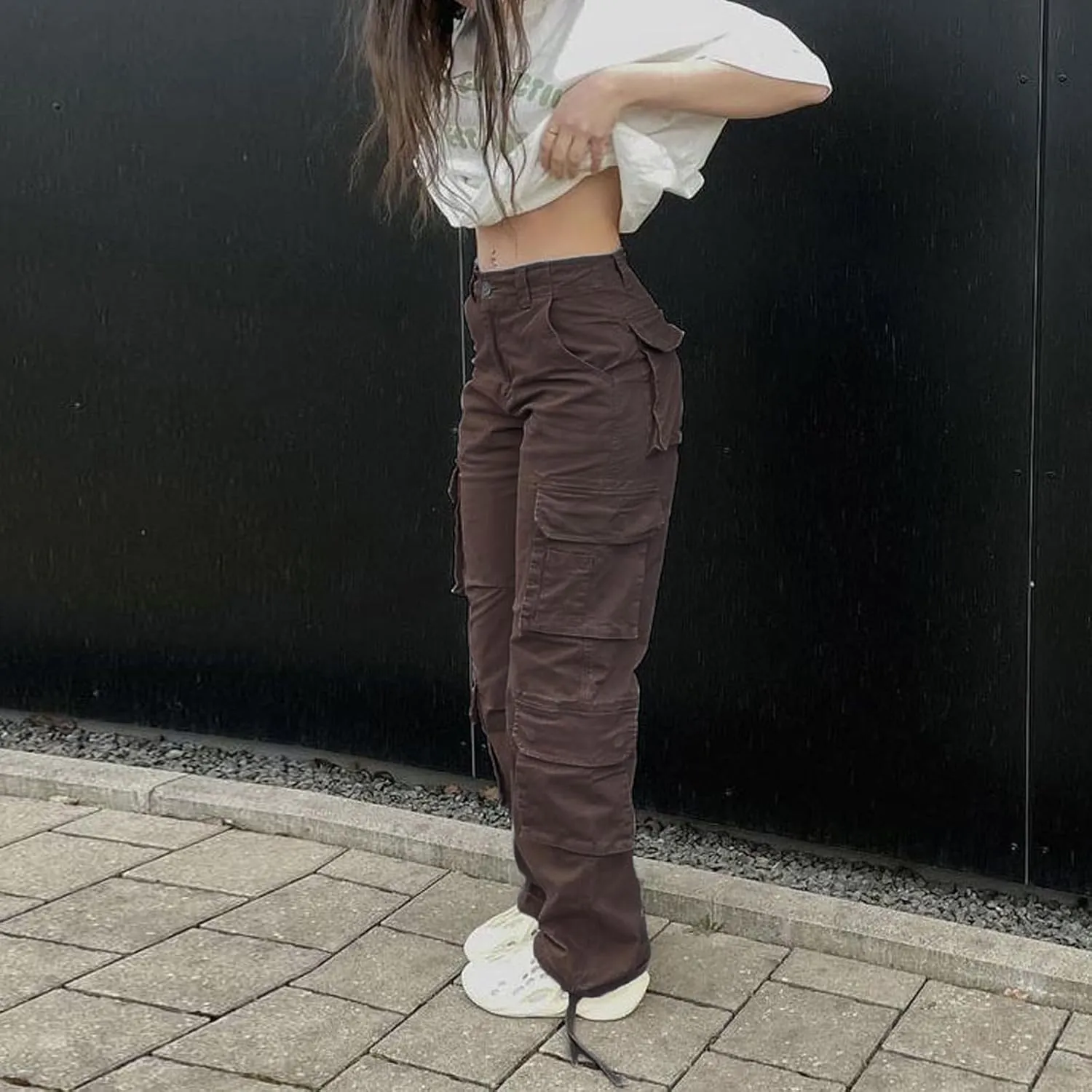 Viatabuna High Waisted Cargo Pants for Women Baggy Y2k Straight Wide Leg Pants with Pockets Streetwear