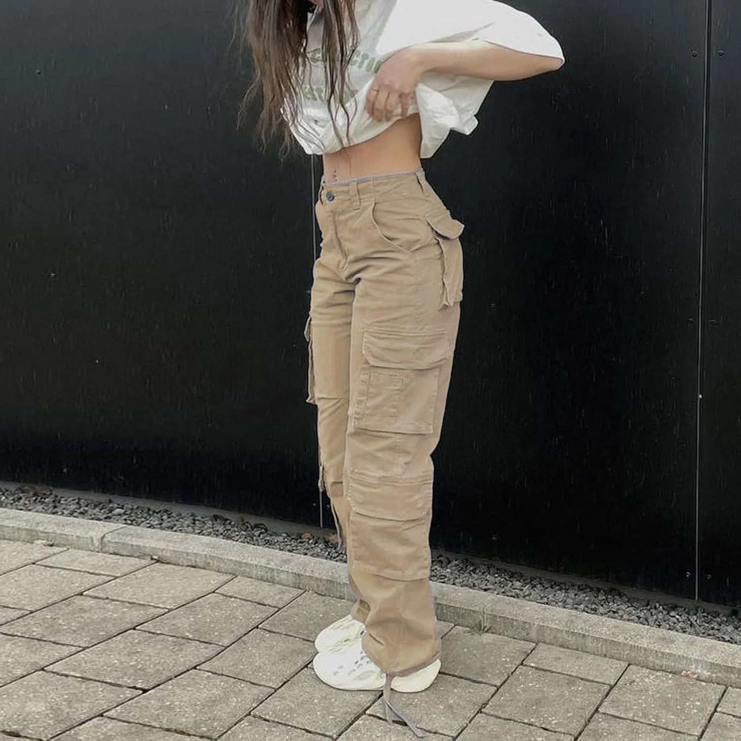 Viatabuna High Waisted Cargo Pants for Women Baggy Y2k Straight Wide Leg Pants with Pockets Streetwear
