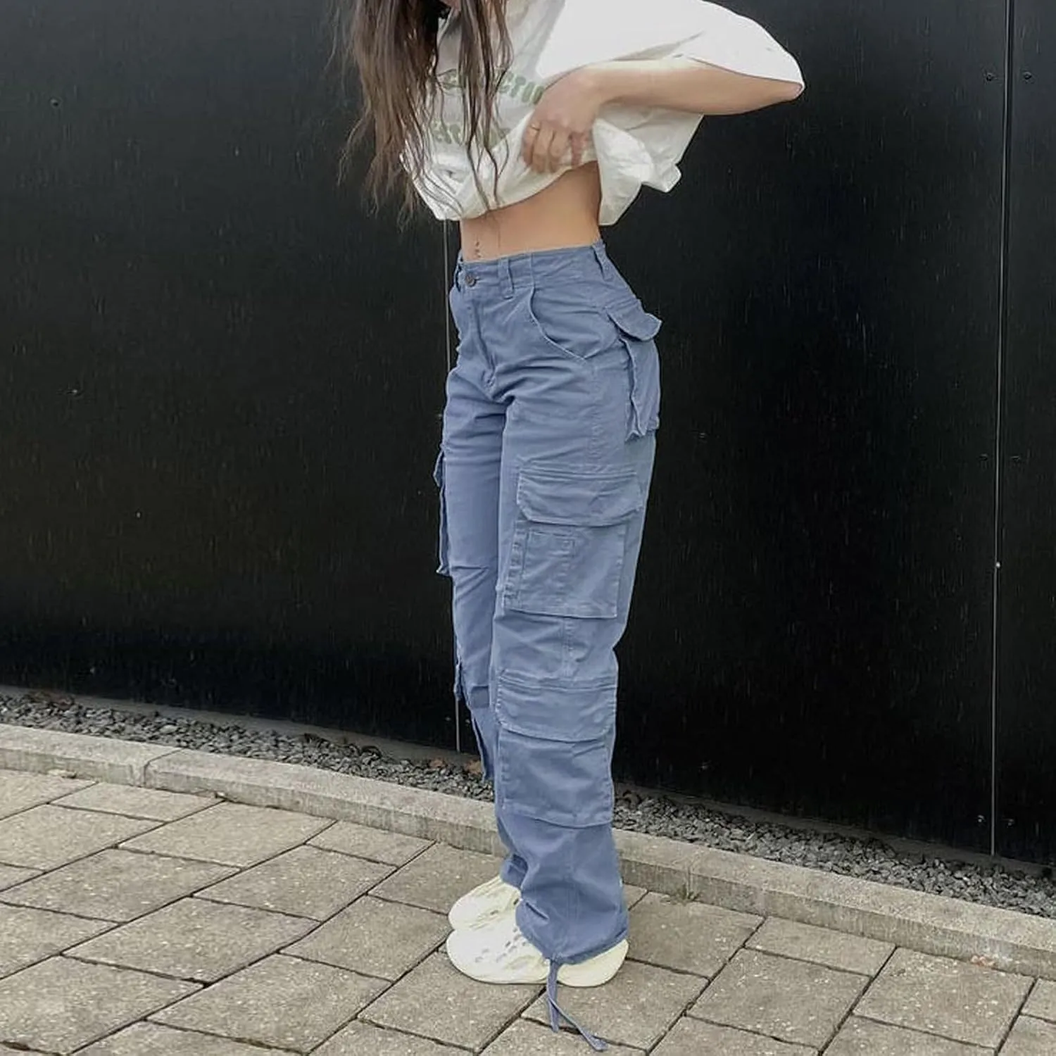 Viatabuna High Waisted Cargo Pants for Women Baggy Y2k Straight Wide Leg Pants with Pockets Streetwear