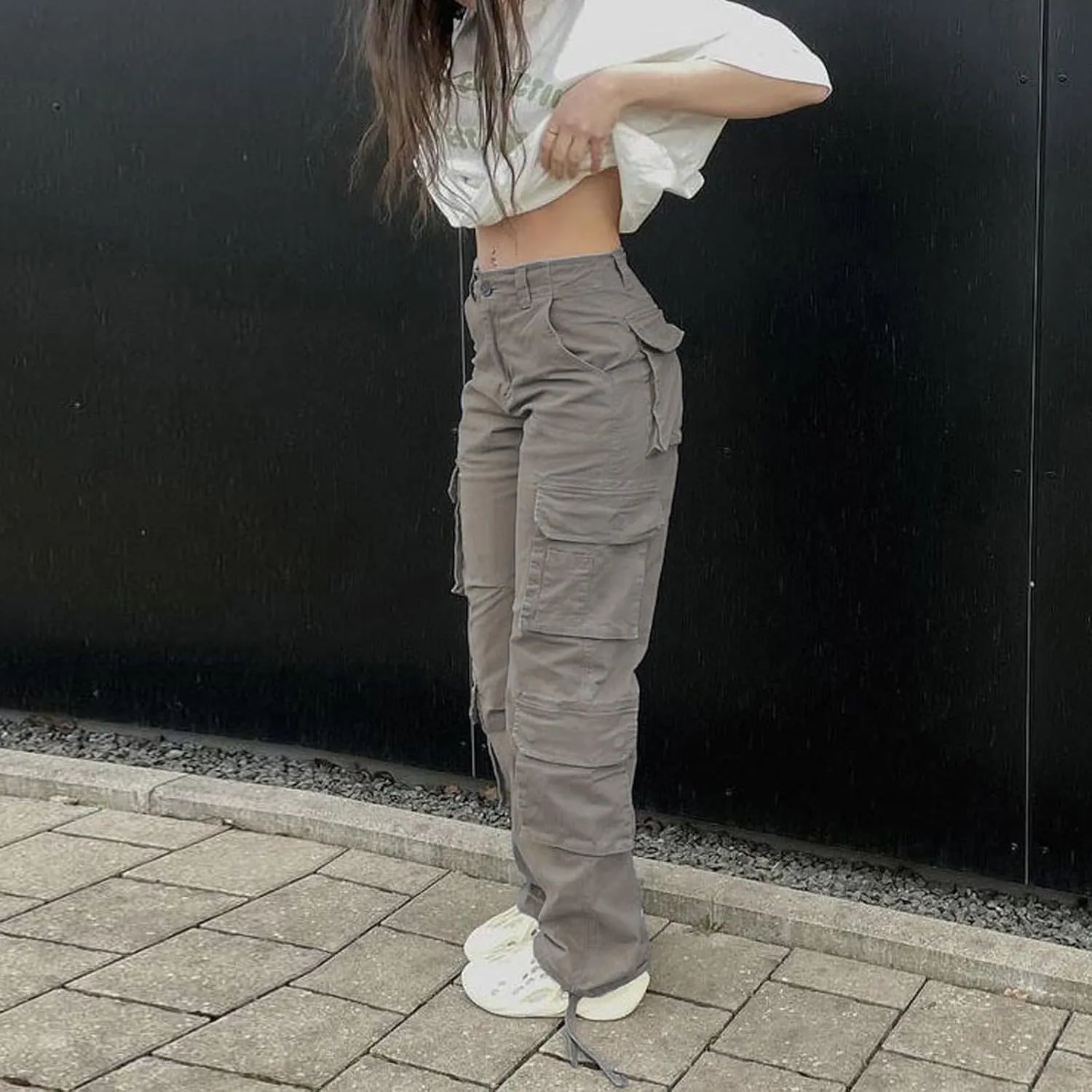 Viatabuna High Waisted Cargo Pants for Women Baggy Y2k Straight Wide Leg Pants with Pockets Streetwear