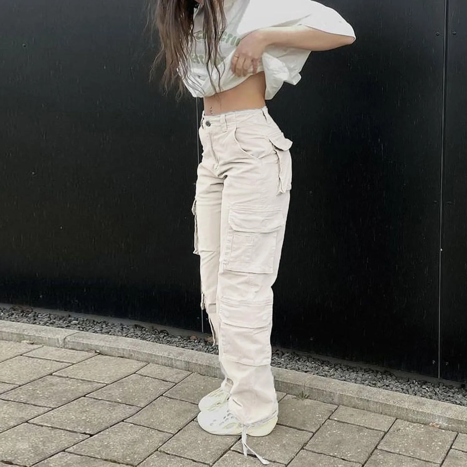 Viatabuna High Waisted Cargo Pants for Women Baggy Y2k Straight Wide Leg Pants with Pockets Streetwear