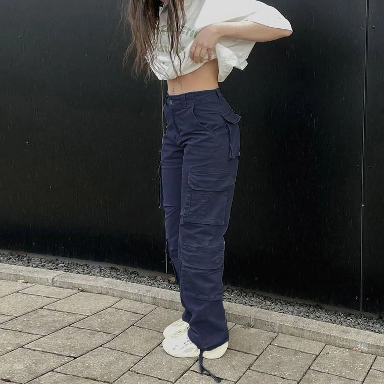 Viatabuna High Waisted Cargo Pants for Women Baggy Y2k Straight Wide Leg Pants with Pockets Streetwear