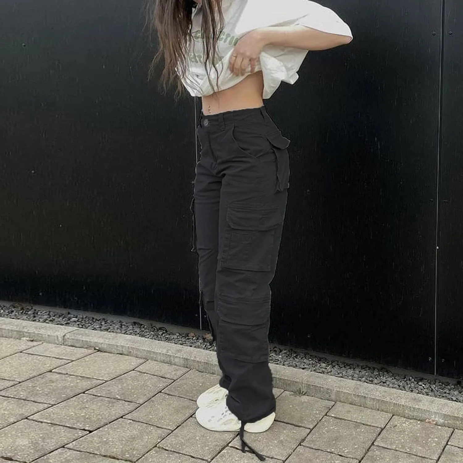 Viatabuna High Waisted Cargo Pants for Women Baggy Y2k Straight Wide Leg Pants with Pockets Streetwear