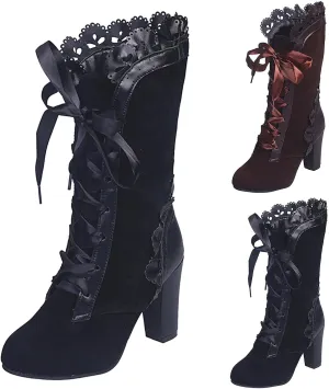 Victorian Boots for Women Lace Up Boots with Side Zipper Chunky Mid Heel Short Booties Mid Calf Vintage Dress Shoes