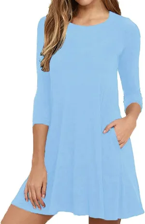 VIISHOW Womens Comfy Swing Tunic Long Sleeve Pocket Solid T-Shirt Dresses Light Blue,2X-Large