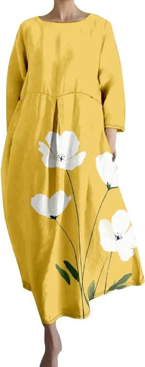 Vintage Floral Print Linen Midi Dress for Women 3/4 Sleeve Dresses with Pocket Summer Loose Boho Floral Dresses
