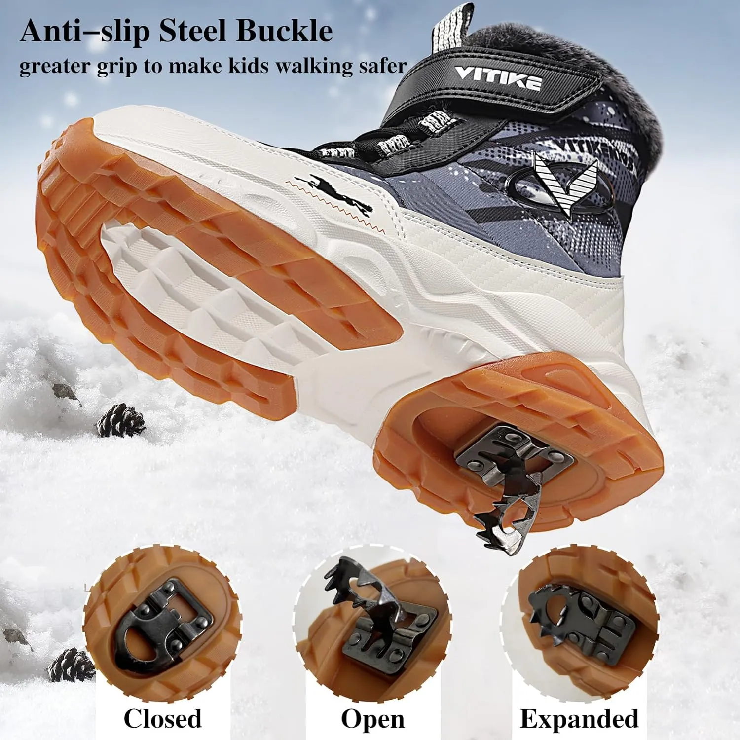 VITUOFLY Boys Hiking Boots Kids Hiking Shoes Girls Outdoor Warm Winter Snow Boots Adventure Trekking Shoes Anti-skid Sneakers Steel Buckle Durable Comfortable