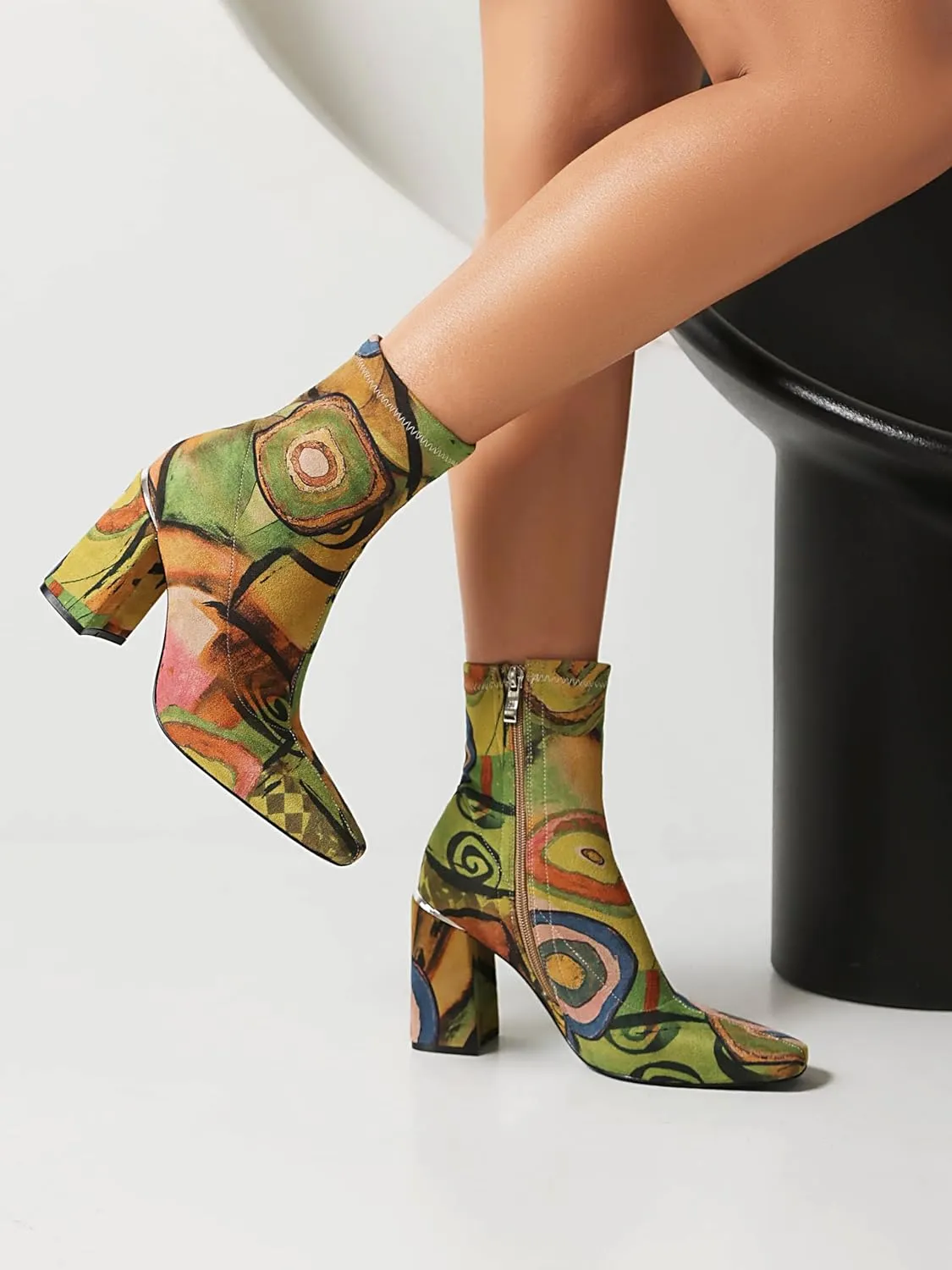 vivianly Womens Square Toe Ankle Booties Chunky Heel Boots Side Zipper Patent Leather Mid-Calf Boots