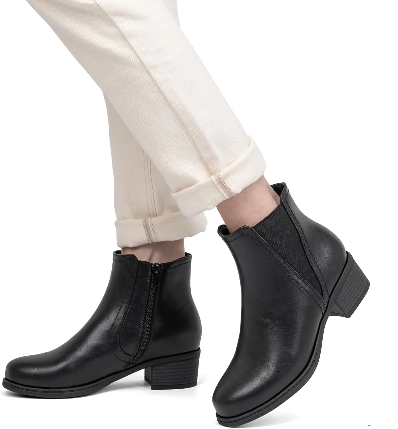VJH confort Women's Ankle Boots Elastic Chunky Low Heel Chelsea Booties with Zipper
