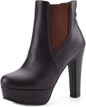 VOKLIN Women's Chunky Block High Heel Ankle Boots Round Toe Zipper Elastic Side Panel Dressy Short Booties