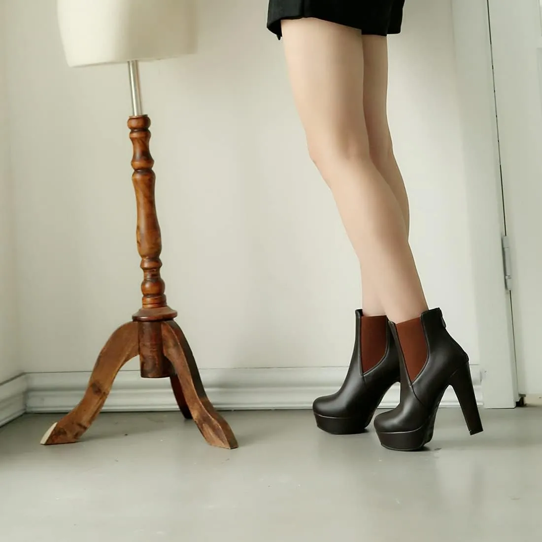 VOKLIN Women's Chunky Block High Heel Ankle Boots Round Toe Zipper Elastic Side Panel Dressy Short Booties