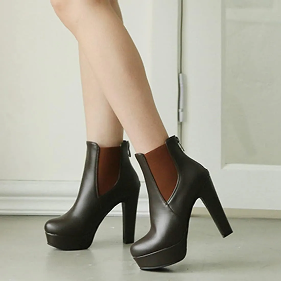 VOKLIN Women's Chunky Block High Heel Ankle Boots Round Toe Zipper Elastic Side Panel Dressy Short Booties