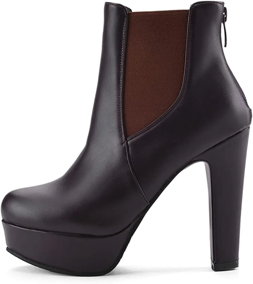 VOKLIN Women's Chunky Block High Heel Ankle Boots Round Toe Zipper Elastic Side Panel Dressy Short Booties