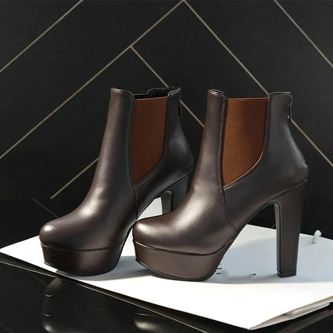VOKLIN Women's Chunky Block High Heel Ankle Boots Round Toe Zipper Elastic Side Panel Dressy Short Booties