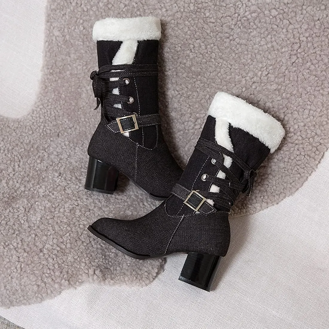 VOKLIN Women's Round Toe Denim Mid Calf Dressy Boots Buckle Fur Lace Up Chunky Block Mid Heels Snow Boots