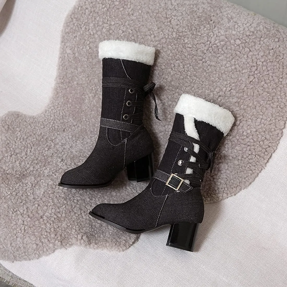 VOKLIN Women's Round Toe Denim Mid Calf Dressy Boots Buckle Fur Lace Up Chunky Block Mid Heels Snow Boots