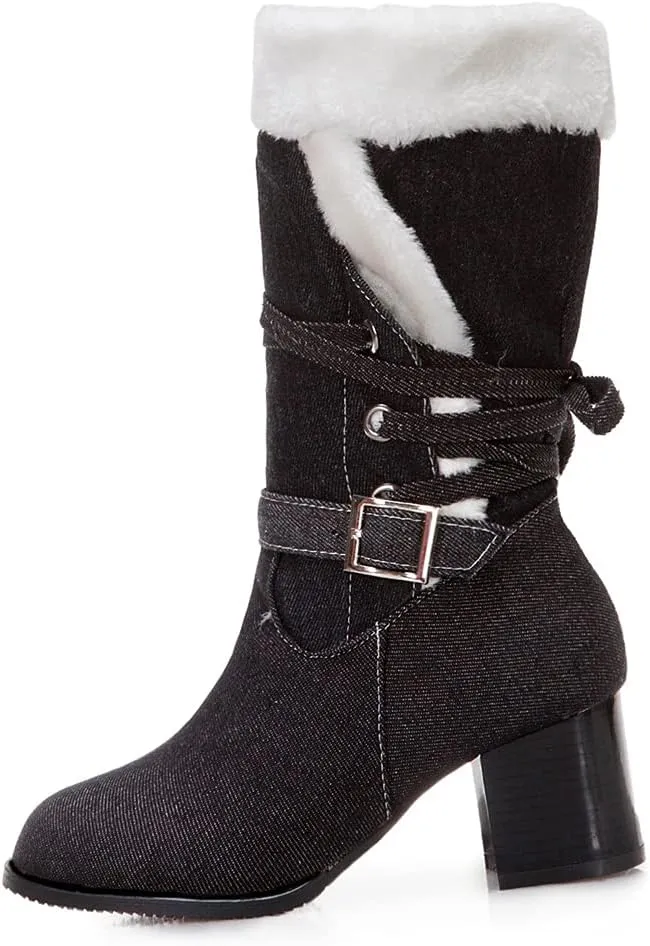 VOKLIN Women's Round Toe Denim Mid Calf Dressy Boots Buckle Fur Lace Up Chunky Block Mid Heels Snow Boots