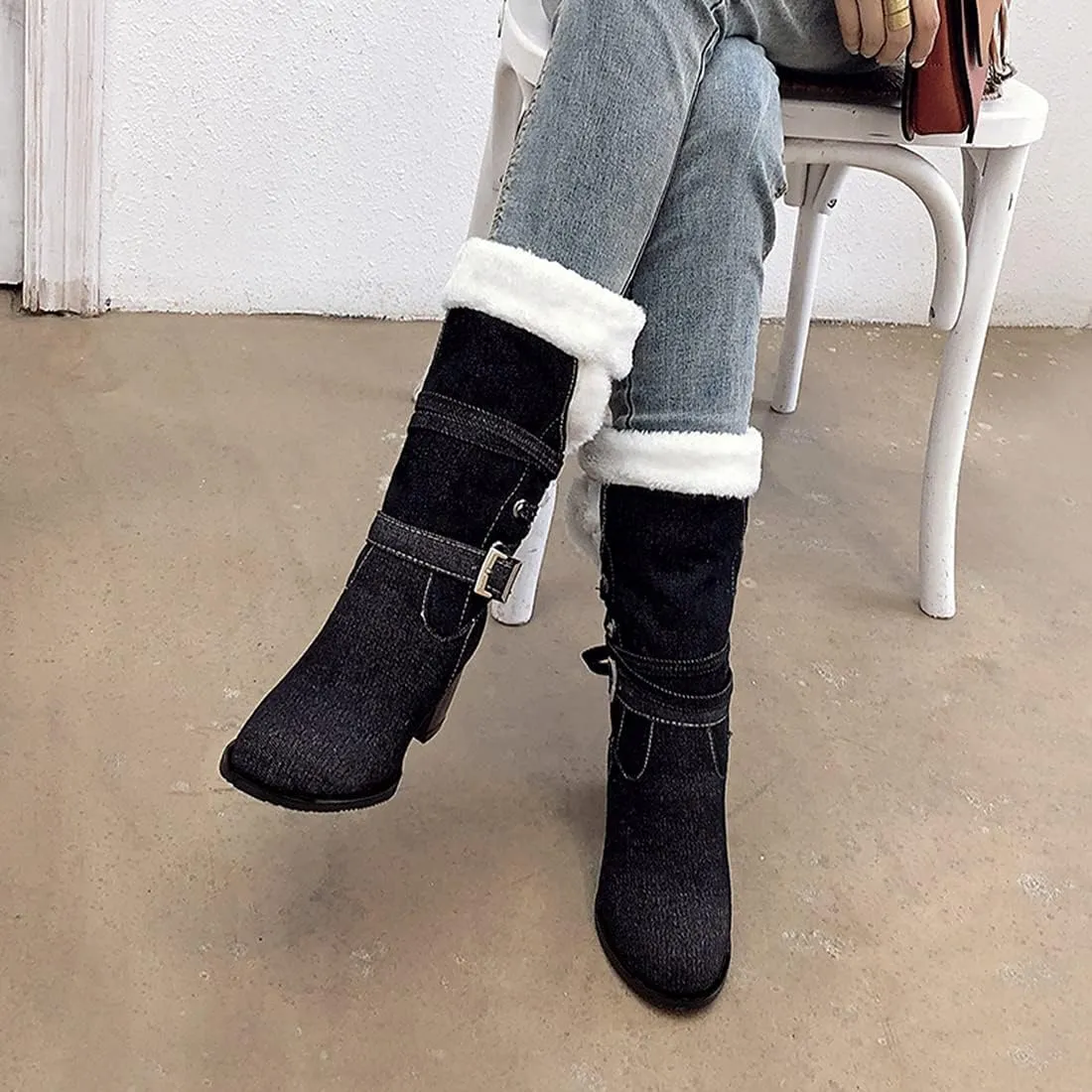VOKLIN Women's Round Toe Denim Mid Calf Dressy Boots Buckle Fur Lace Up Chunky Block Mid Heels Snow Boots
