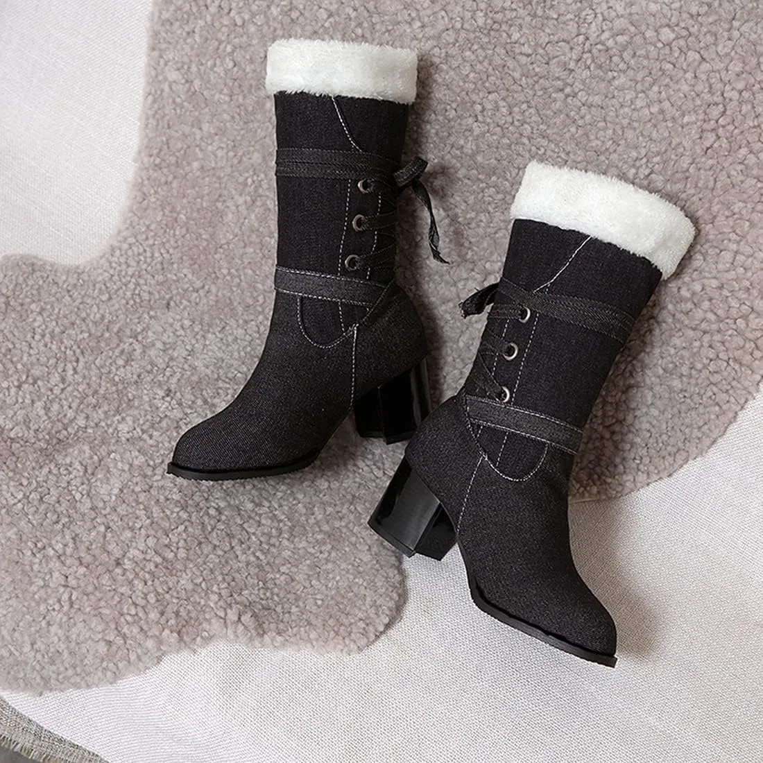 VOKLIN Women's Round Toe Denim Mid Calf Dressy Boots Buckle Fur Lace Up Chunky Block Mid Heels Snow Boots