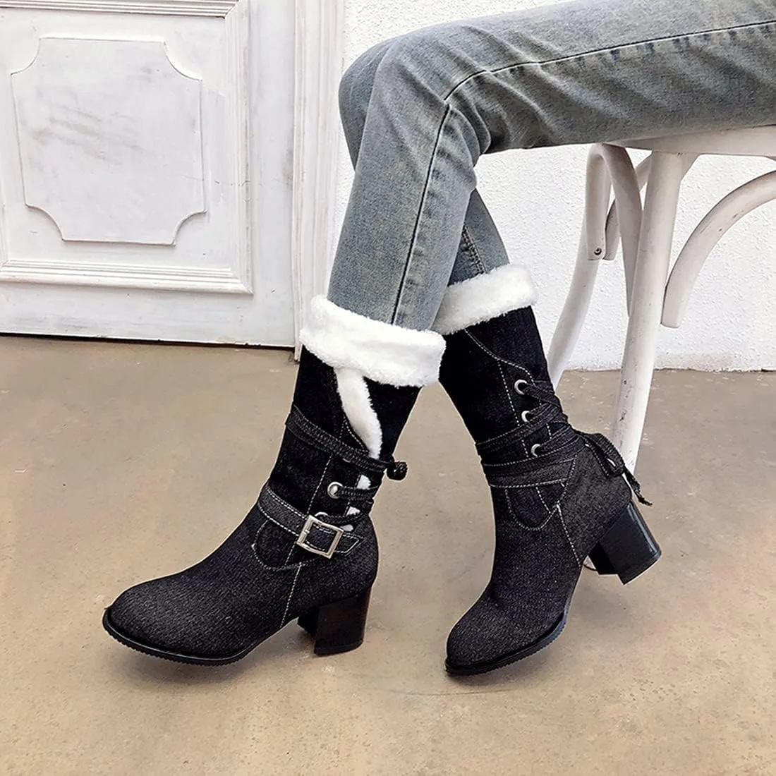 VOKLIN Women's Round Toe Denim Mid Calf Dressy Boots Buckle Fur Lace Up Chunky Block Mid Heels Snow Boots