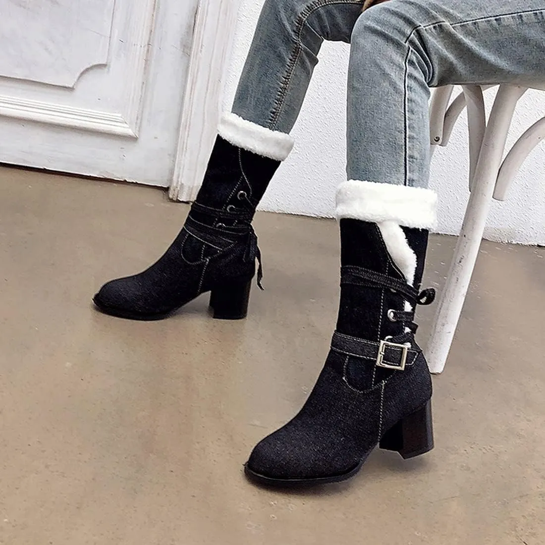 VOKLIN Women's Round Toe Denim Mid Calf Dressy Boots Buckle Fur Lace Up Chunky Block Mid Heels Snow Boots