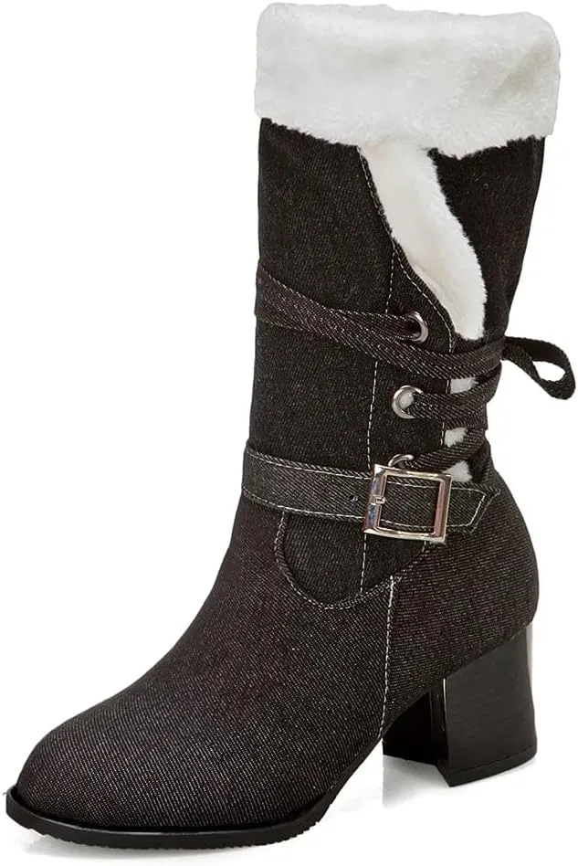 VOKLIN Women's Round Toe Denim Mid Calf Dressy Boots Buckle Fur Lace Up Chunky Block Mid Heels Snow Boots
