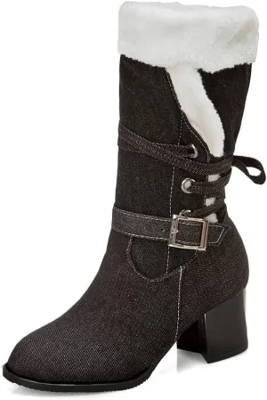 VOKLIN Women's Round Toe Denim Mid Calf Dressy Boots Buckle Fur Lace Up Chunky Block Mid Heels Snow Boots