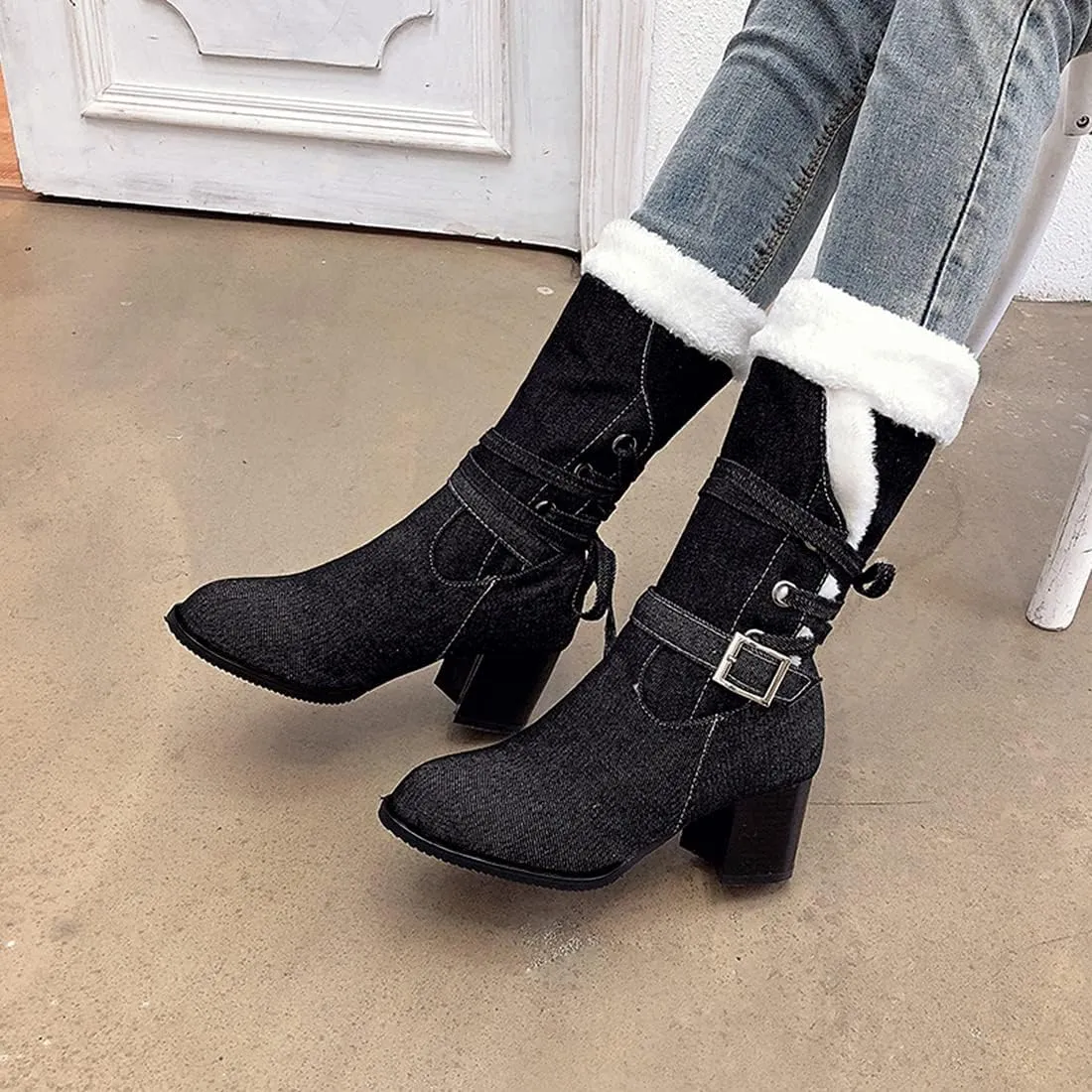 VOKLIN Women's Round Toe Denim Mid Calf Dressy Boots Buckle Fur Lace Up Chunky Block Mid Heels Snow Boots