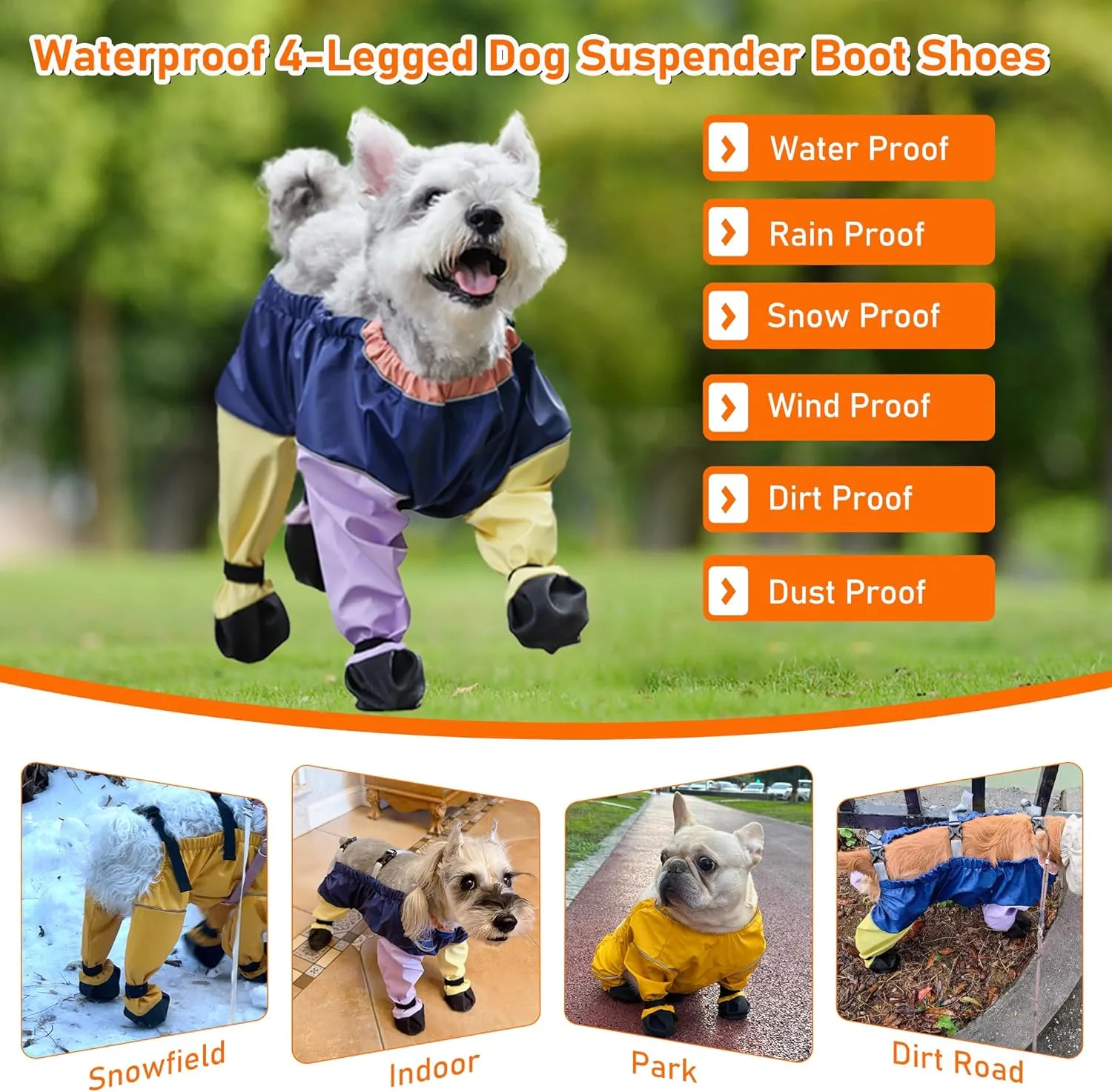 Waterproof Dog Boots Rain Boots with Suspender, Paw Protector Shoes for Small Medium Puppy, Anti-Slip Boots Belly Protector, Rain Snow Pants Dog Suspender Boots Legging (Medium, Multicolor)