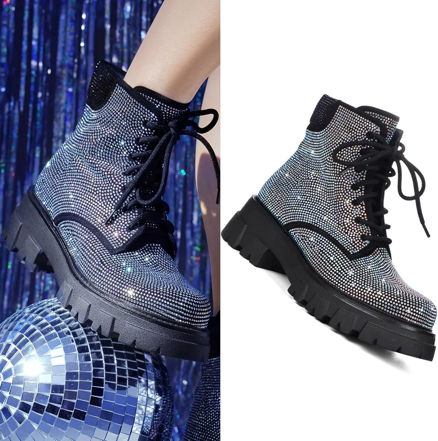 Wavyvigs Rhinestone Combat Boots Platform Chunky Heel Lace Up Ankle Boots Side Zipper