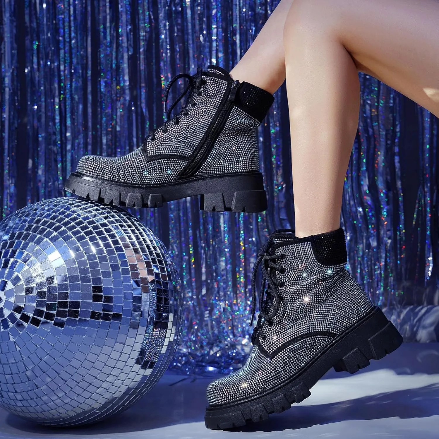 Wavyvigs Rhinestone Combat Boots Platform Chunky Heel Lace Up Ankle Boots Side Zipper
