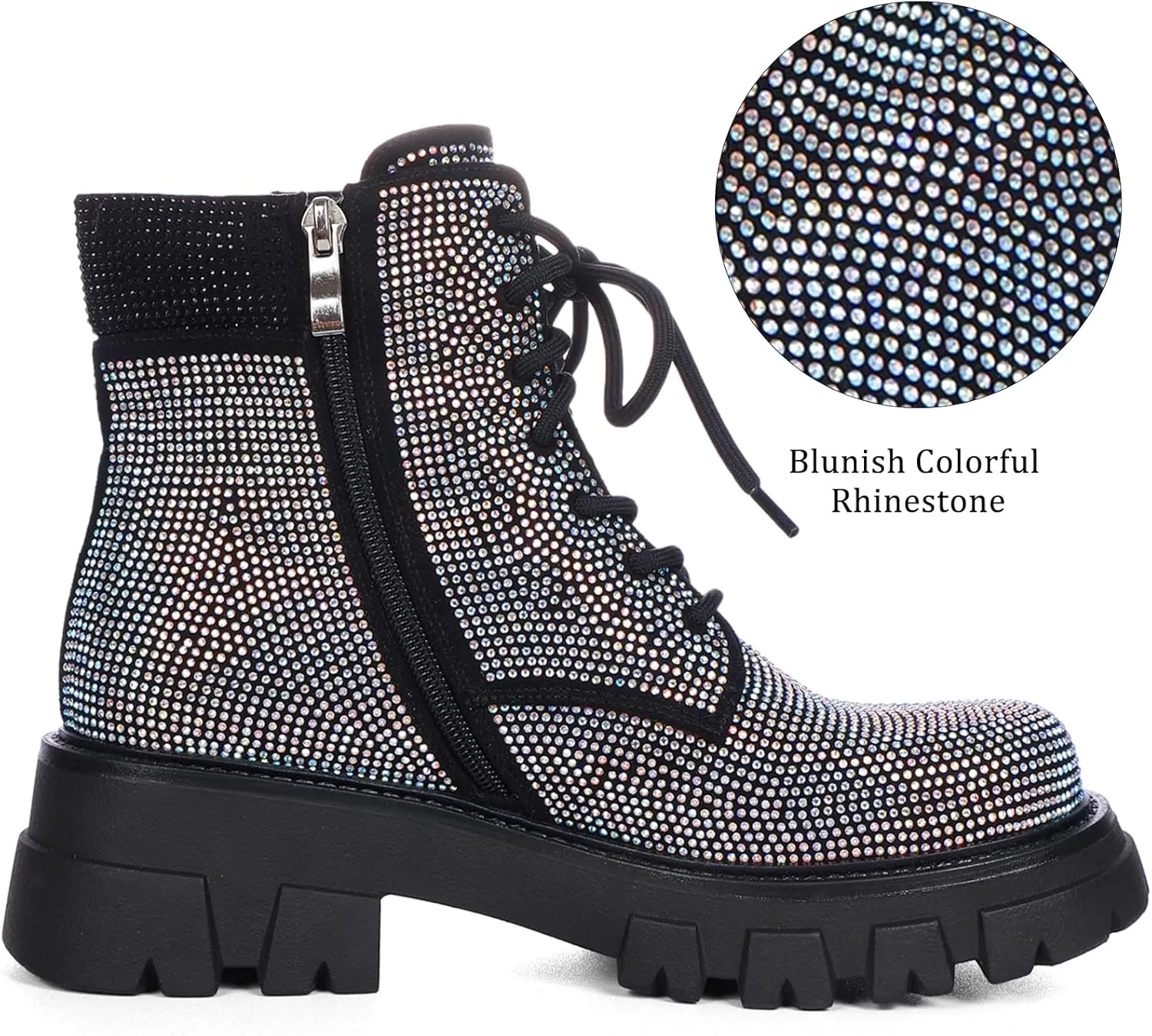 Wavyvigs Rhinestone Combat Boots Platform Chunky Heel Lace Up Ankle Boots Side Zipper