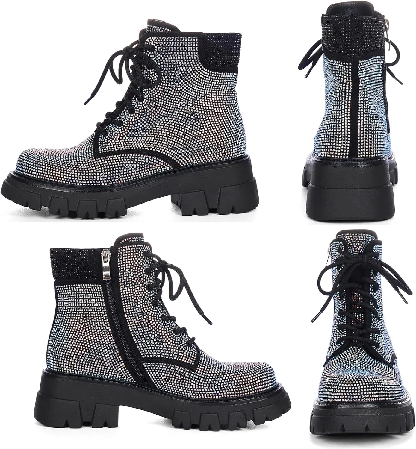 Wavyvigs Rhinestone Combat Boots Platform Chunky Heel Lace Up Ankle Boots Side Zipper