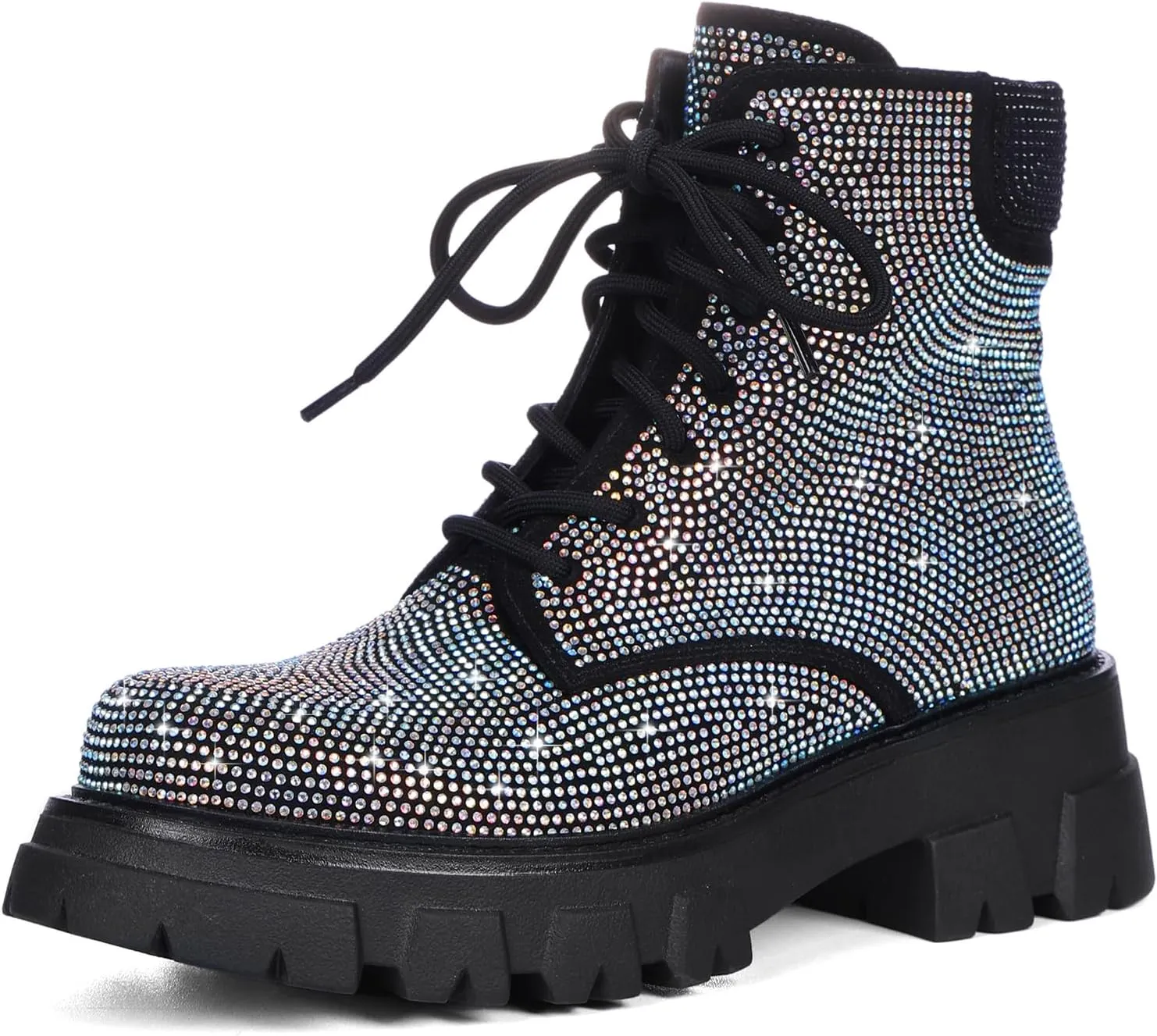 Wavyvigs Rhinestone Combat Boots Platform Chunky Heel Lace Up Ankle Boots Side Zipper