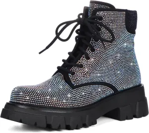 Wavyvigs Rhinestone Combat Boots Platform Chunky Heel Lace Up Ankle Boots Side Zipper