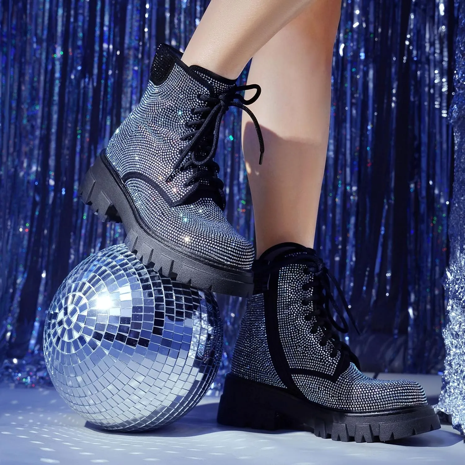 Wavyvigs Rhinestone Combat Boots Platform Chunky Heel Lace Up Ankle Boots Side Zipper