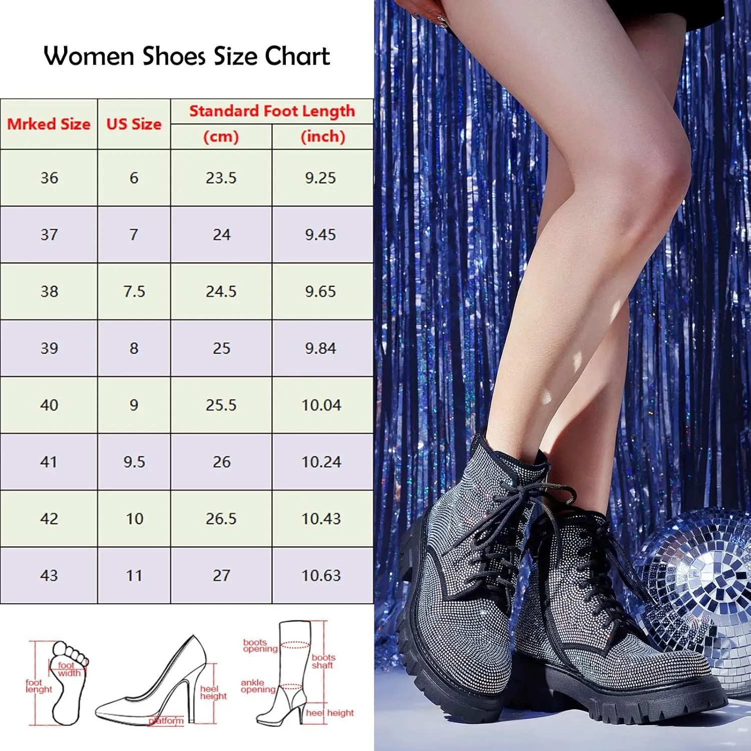 Wavyvigs Rhinestone Combat Boots Platform Chunky Heel Lace Up Ankle Boots Side Zipper