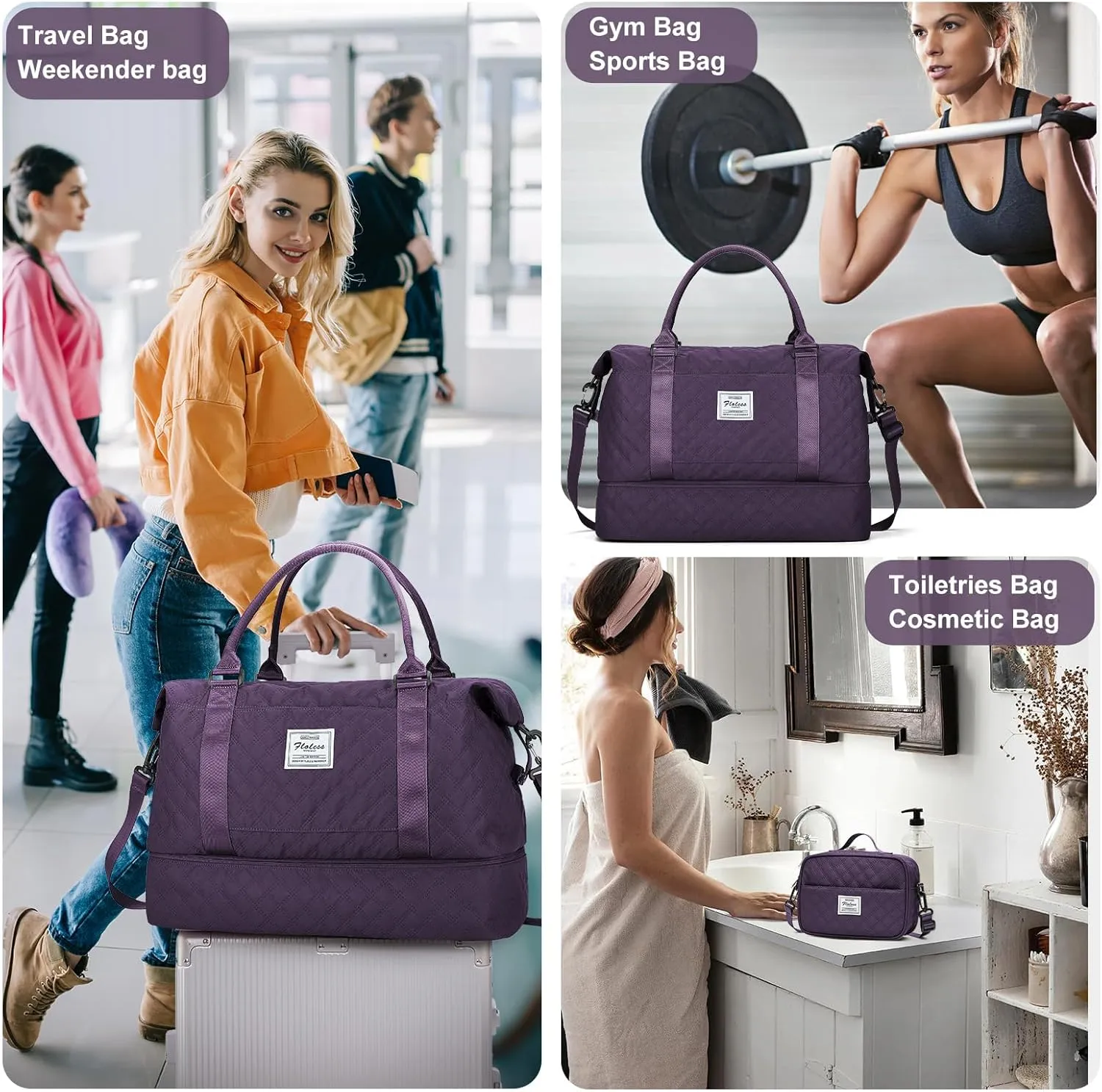 Weekender Bags for Women, Carry-On Personal Item Bag, Overnight Travel Duffel Bag with Shoes Compartment &Trolley Sleeve