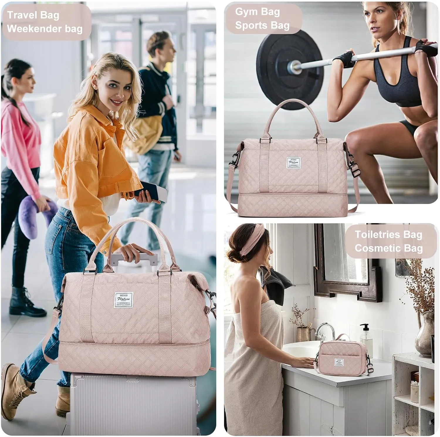 Weekender Bags for Women, Carry-On Personal Item Bag, Overnight Travel Duffel Bag with Shoes Compartment &Trolley Sleeve