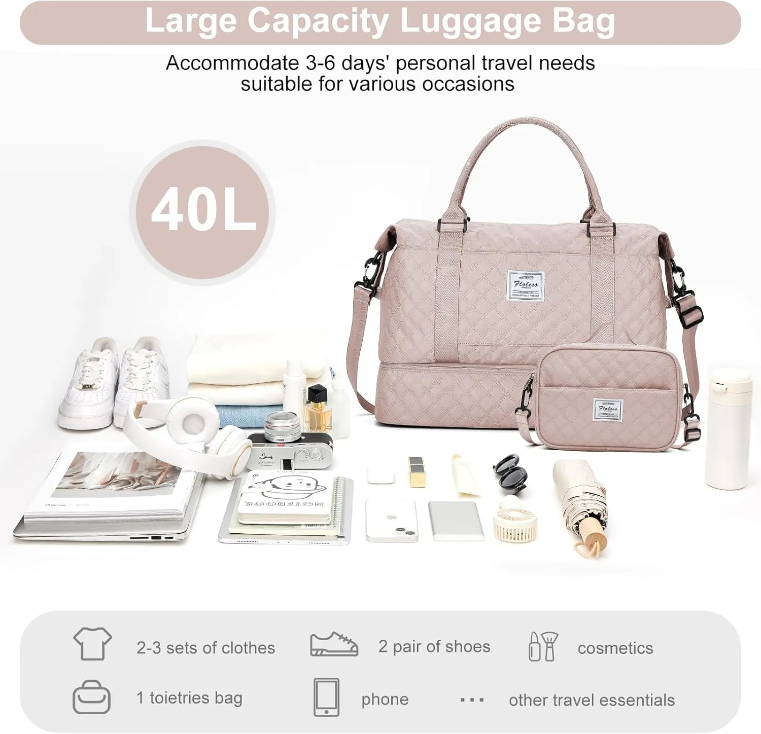 Weekender Bags for Women, Carry-On Personal Item Bag, Overnight Travel Duffel Bag with Shoes Compartment &Trolley Sleeve