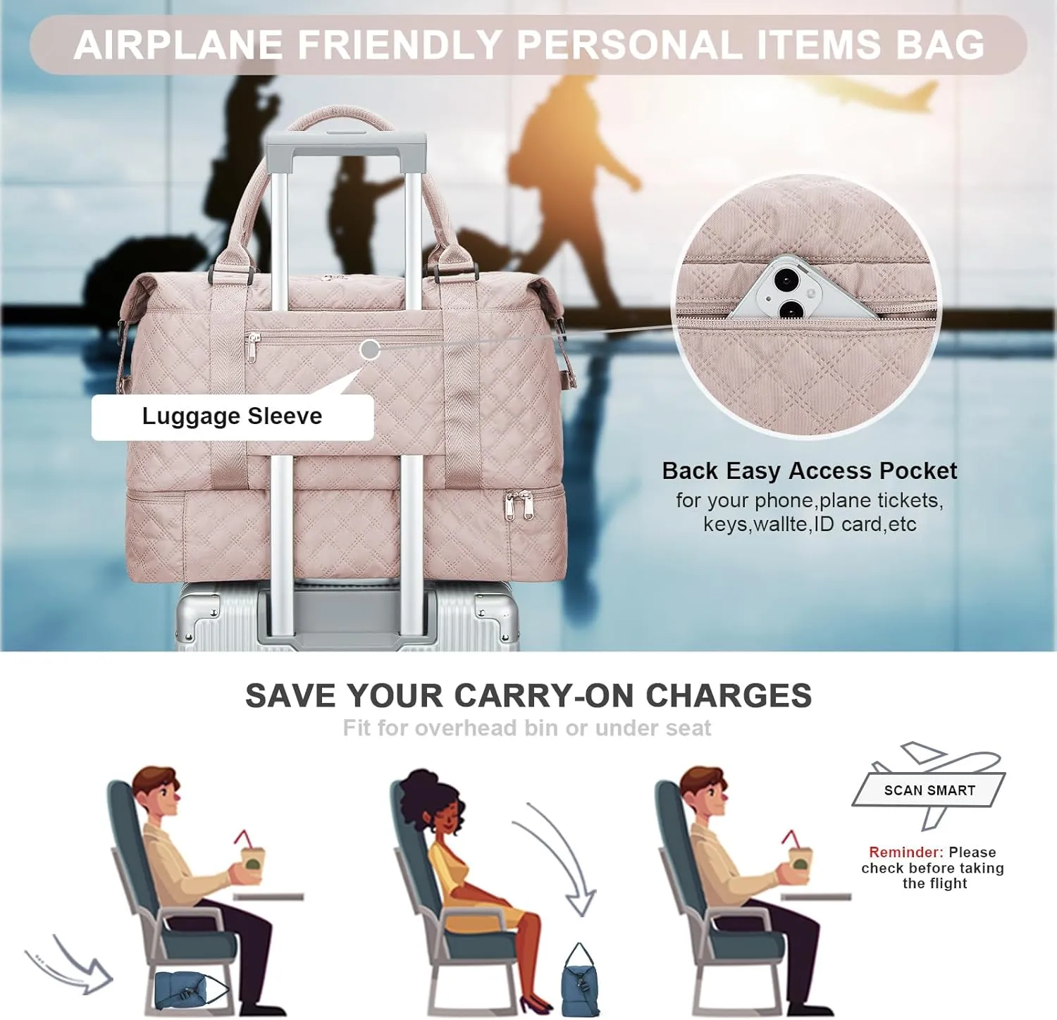 Weekender Bags for Women, Carry-On Personal Item Bag, Overnight Travel Duffel Bag with Shoes Compartment &Trolley Sleeve