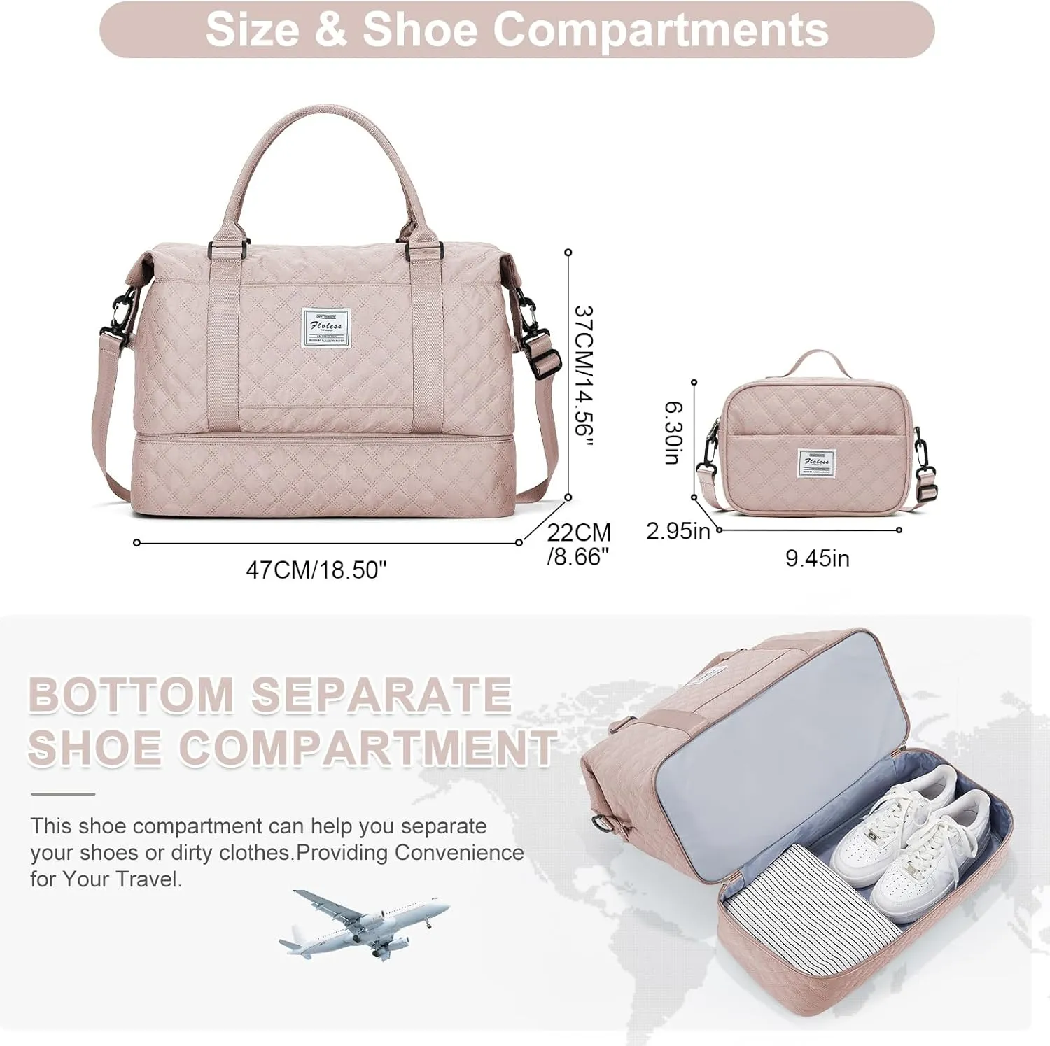 Weekender Bags for Women, Carry-On Personal Item Bag, Overnight Travel Duffel Bag with Shoes Compartment &Trolley Sleeve