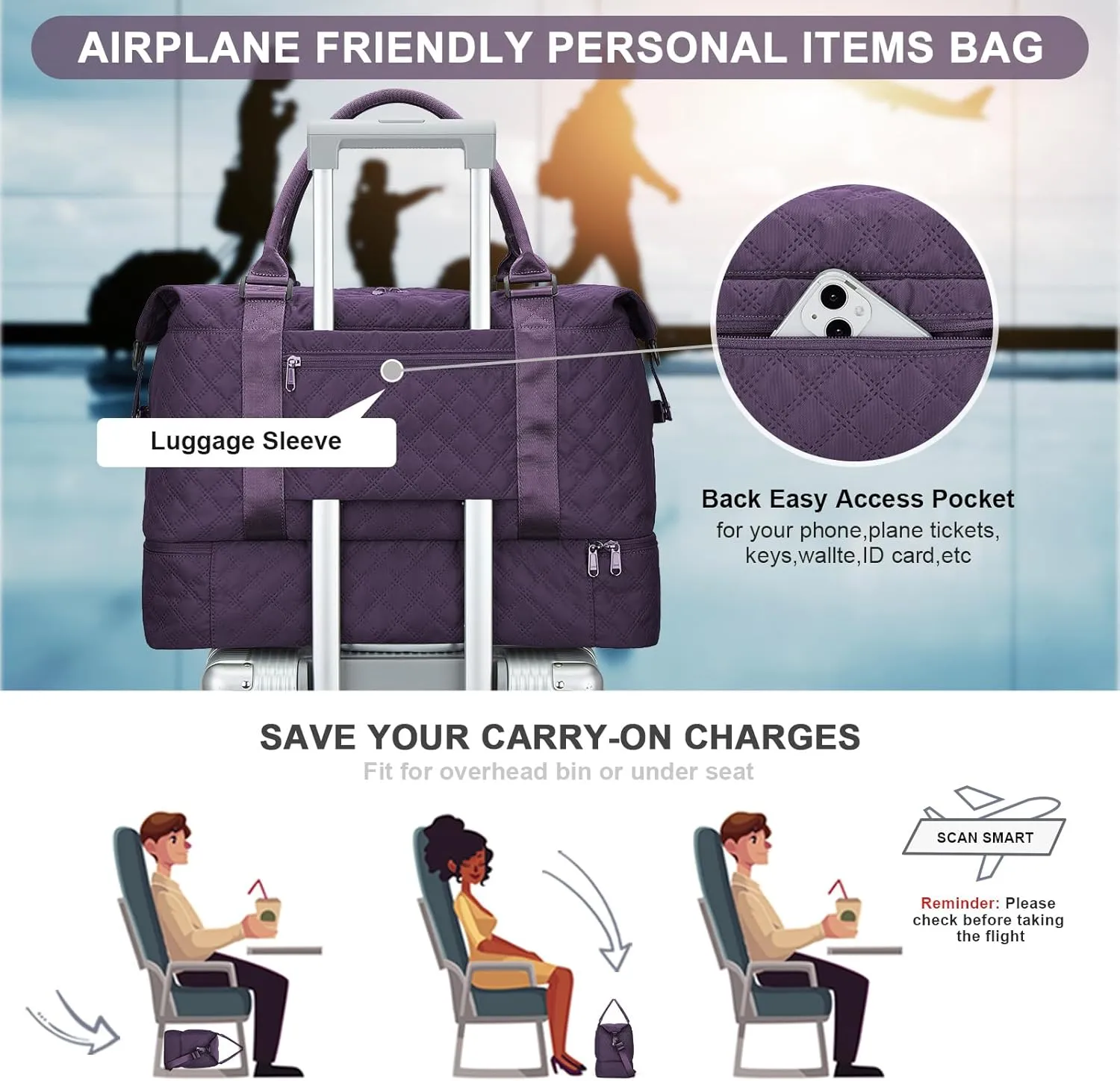 Weekender Bags for Women, Carry-On Personal Item Bag, Overnight Travel Duffel Bag with Shoes Compartment &Trolley Sleeve