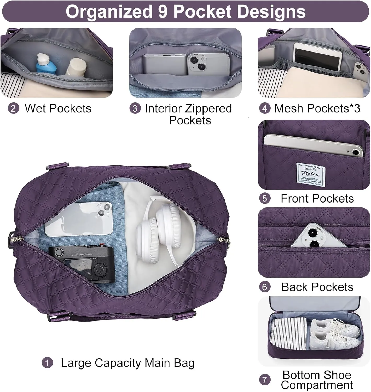 Weekender Bags for Women, Carry-On Personal Item Bag, Overnight Travel Duffel Bag with Shoes Compartment &Trolley Sleeve