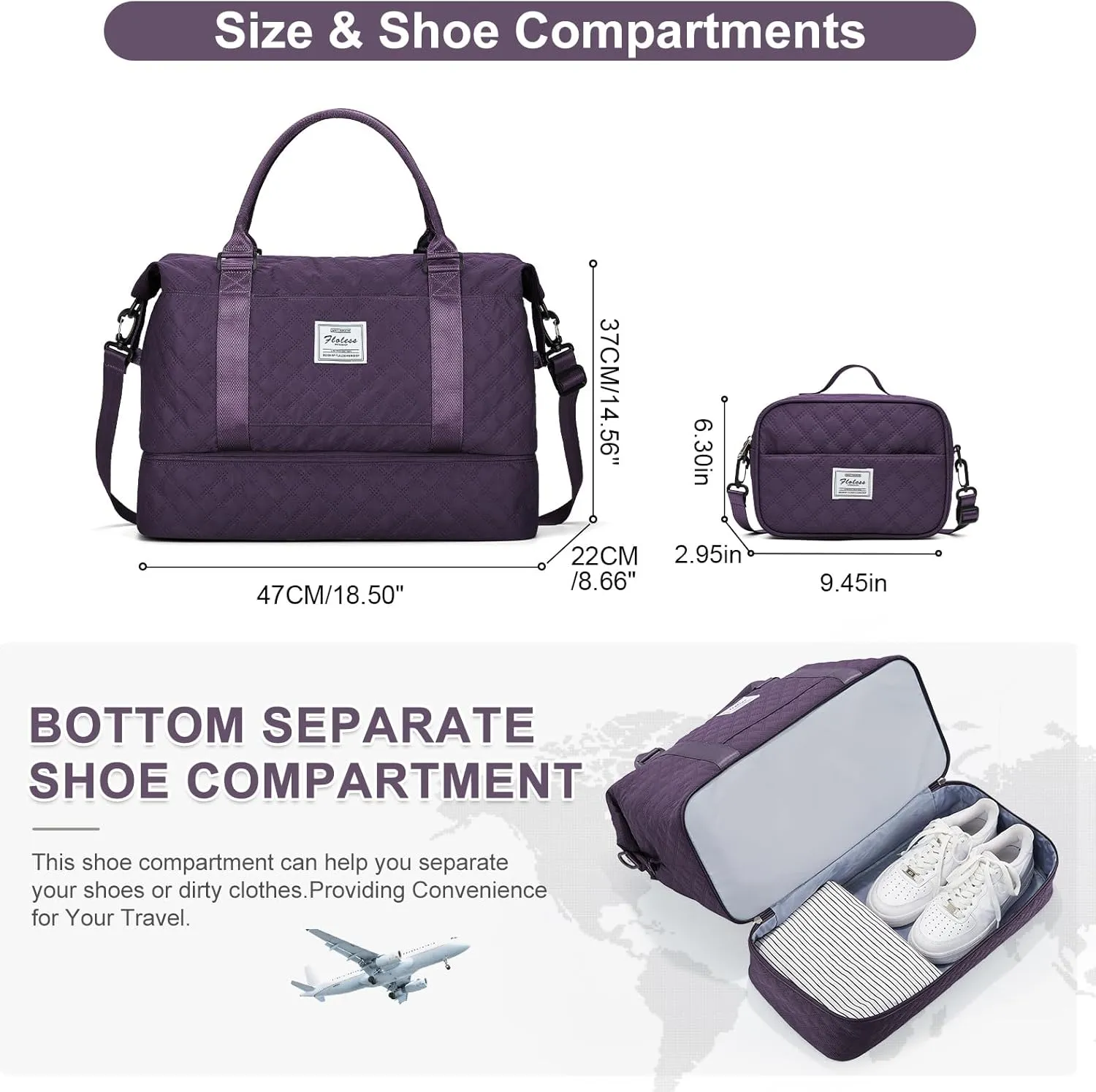 Weekender Bags for Women, Carry-On Personal Item Bag, Overnight Travel Duffel Bag with Shoes Compartment &Trolley Sleeve